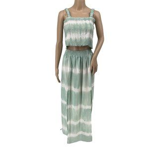 Ananta crop top maxi skirt small 2 piece set tie dye green white smocked